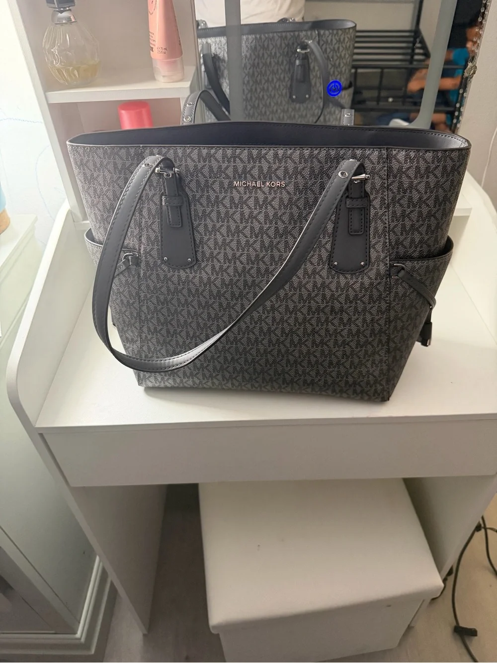 Michael Kors Monogram Tote in Charcoal Gray and Black